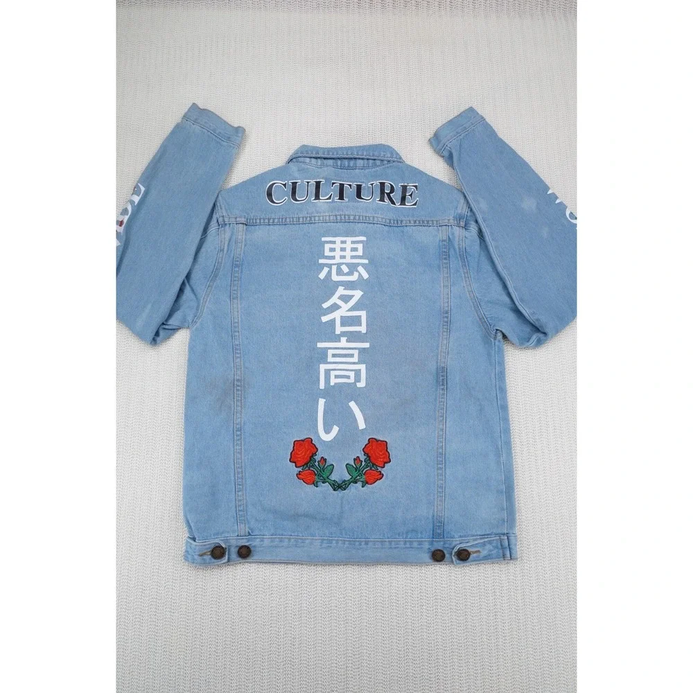 Rue 21 Jean Jacket Womens Small Blue Denim‎ Rose Worldwide Graphic Trucker